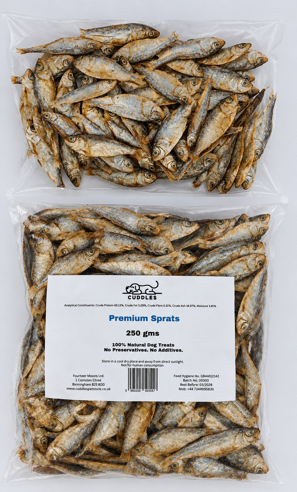 PREMIUM DRIED SPRATS for Puppy, Dogs, Kittens and Cats Snack - 100% Natural Treat Chew with High Protein, Omega 3, Grain Free, Hypoallergenic
